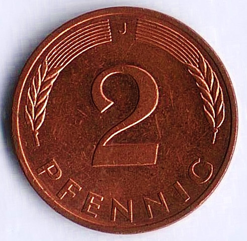 Монета 2 пфеннига. 1984(J) год, ФРГ.
