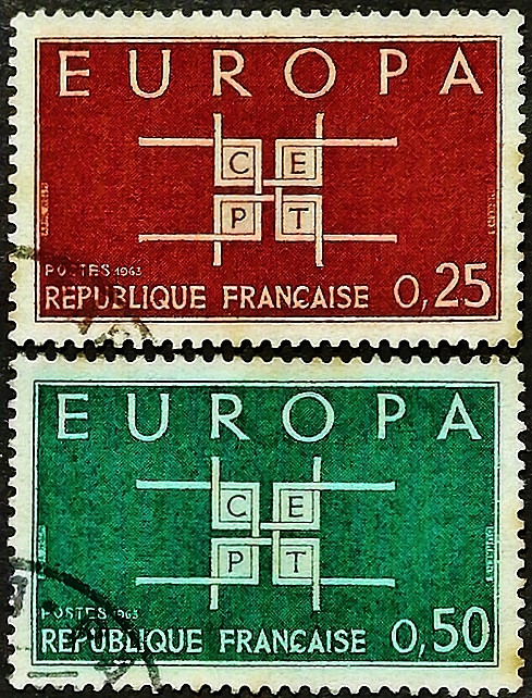 Набор почтовых марок (2 шт.). "Europa (C.E.P.T.) - Квадрат". 1963 год, Франция. Набор почтовых марок (2 шт.). "Europa (C.E.P.T.) - Квадрат". 1963 год, Франция.