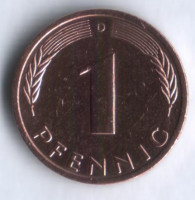 Монета 1 пфенниг. 1991(D) год, ФРГ.
