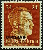 Марка почтовая (24 rpf.). "Адольф Гитлер «OSTLAND»". 1941 год, СССР (Германская оккупация в ВОВ).