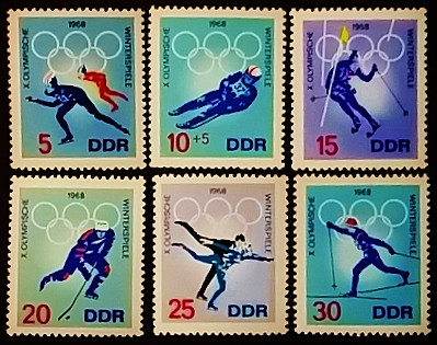 Набор марок  почтовых (6 шт.). "Зимние Олимпийские игры 1968 года - Гренобль". 1968 год, ГДР. 