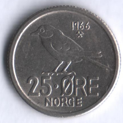 Монета 25 эре. 1966 год, Норвегия.