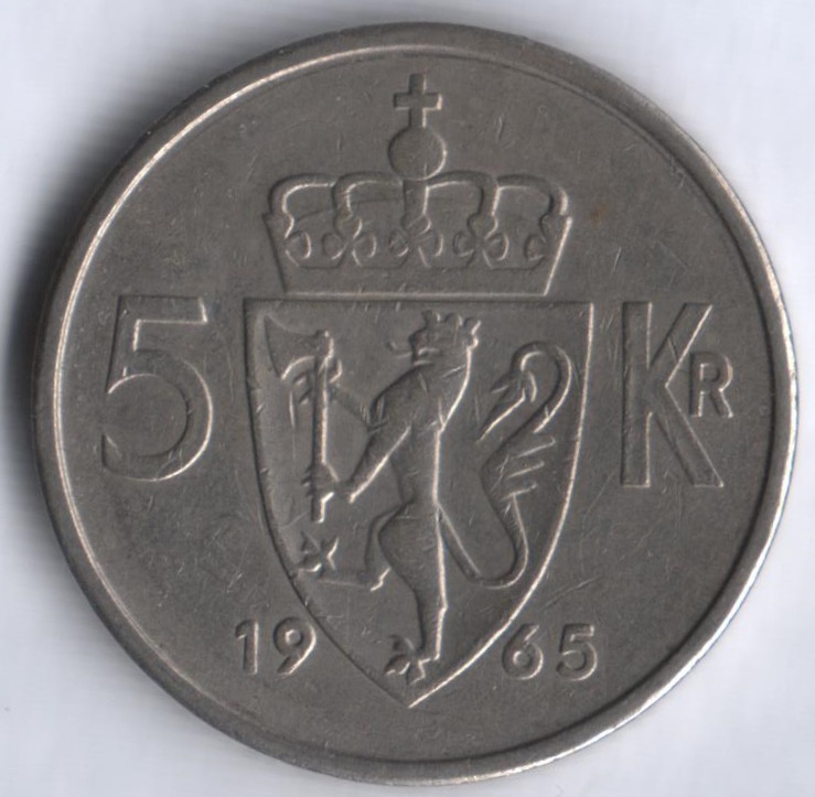 Монета 5 крон. 1965 год, Норвегия.
