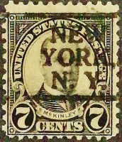 Почтовая марка (7 c.). "Уильям Маккинли". 1927 год, США. Предварительное гашение "NEW/YORK/N.Y.".