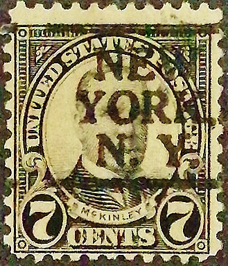 Почтовая марка (7 c.). "Уильям Маккинли". 1927 год, США. Предварительное гашение "NEW/YORK/N.Y.".