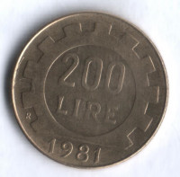 Монета 200 лир. 1981 год, Италия.