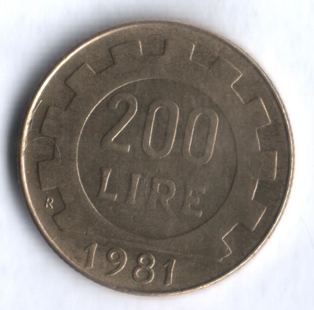 Монета 200 лир. 1981 год, Италия.