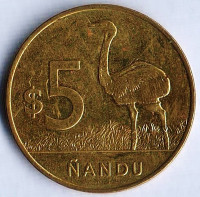 Монета 5 песо. 2019 год, Уругвай. Нанду.