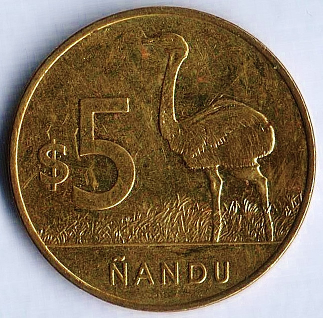 Монета 5 песо. 2019 год, Уругвай. Нанду.