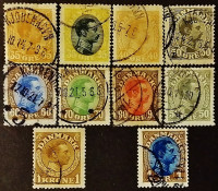 Набор почтовых марок (10 шт.). "Король Кристиан X". 1913-1928 годы, Дания.
