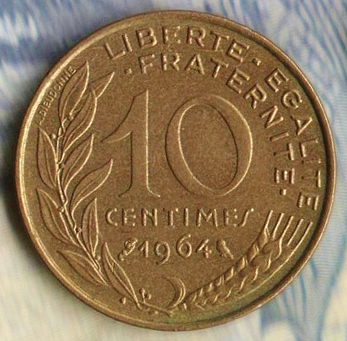 Монета 10 сантимов. 1964 год, Франция.