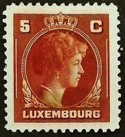 Марка почтовая (5 c.). "Великая герцогиня Шарлотта". 1944 год, Люксембург.