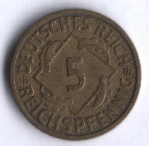 Монета 5 рейхспфеннигов. 1935 год (D), Веймарская республика.