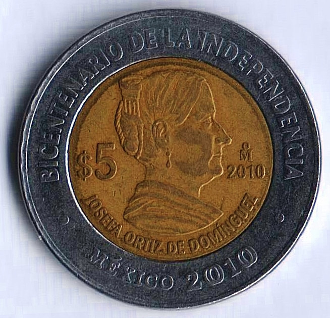 Монета 5 песо. 2010 год, Мексика. 200-летие независимости. Жозефа Ортис де Домингес.