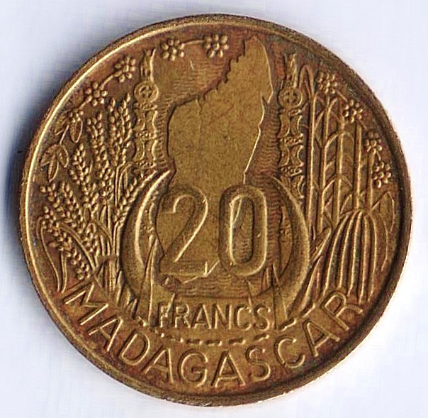Монета 20 франков. 1953 год, Мадагаскар (колония Франции).