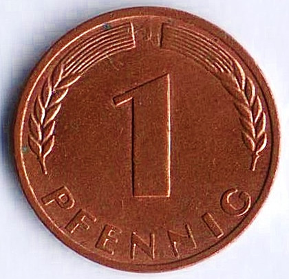 Монета 1 пфенниг. 1967(J) год, ФРГ.
