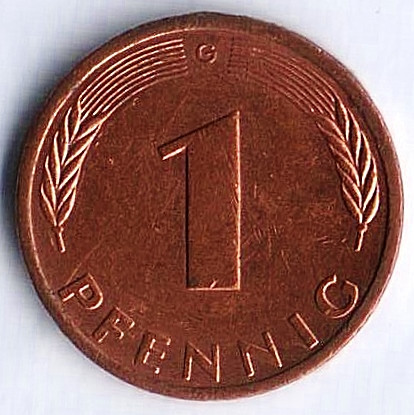 Монета 1 пфенниг. 1996(G) год, ФРГ.