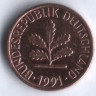 Монета 1 пфенниг. 1991 год (F), ФРГ.