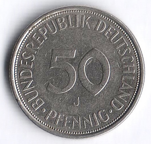 Монета 50 пфеннигов. 1971(J) год, ФРГ. "J" большая.