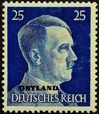 Марка почтовая (25 rpf.). "Адольф Гитлер «OSTLAND»". 1941 год, СССР (Германская оккупация в ВОВ).