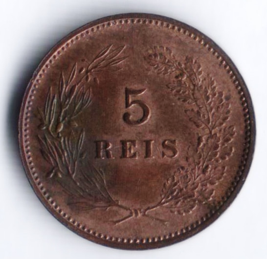 Монета 5 рейсов. 1910 год, Португалия.