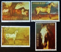Набор почтовых марок (4 шт.). "Лошади на картинах". 1973 год, Чад.