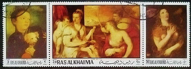Сцепка марок (3 шт.). "Картина Тициана". 1970 год, Рас эль-Хайма. Сцепка марок (3 шт.). "Картина Тициана". 1970 год, Рас эль-Хайма.
