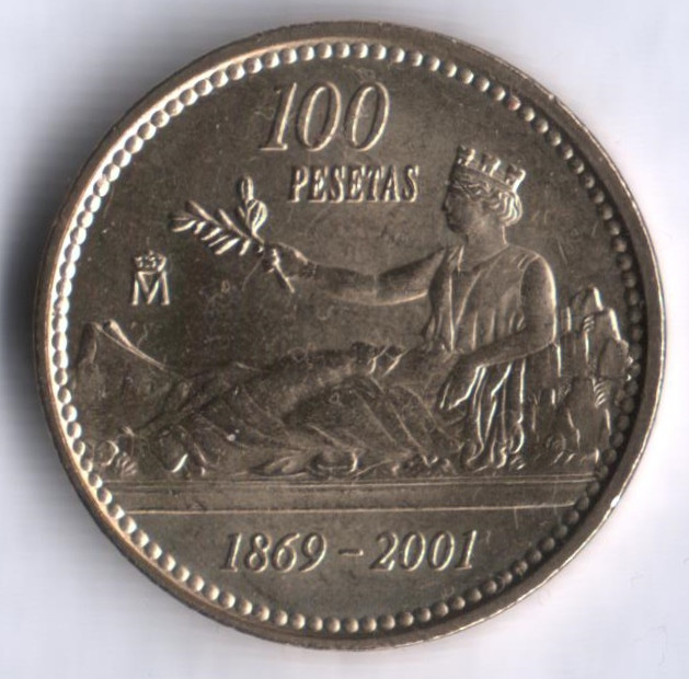 Монета 100 песет. 2001 год, Испания. 132 года песете.