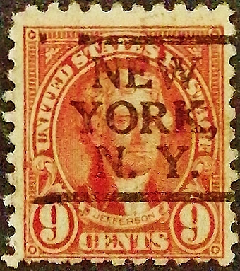 Почтовая марка (9 c.). "Томас Джефферсон". 1923 год, США. Предварительное гашение "NEW/YORK/N.Y.". Почтовая марка (9 c.). "Томас Джефферсон". 1923 год, США. Предварительное гашение "NEW/YORK/N.Y.".