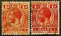 Набор почтовых марок (2 шт.). "Король Георг V". 1914-1921 годы, Мальта.