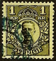 Почтовая марка (1 kr.). "Король Густав V". 1919 год, Швеция.