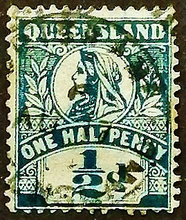 Почтовая марка (⅟₂ p.). "Королева Виктория". 1907 год, Квинсленд.