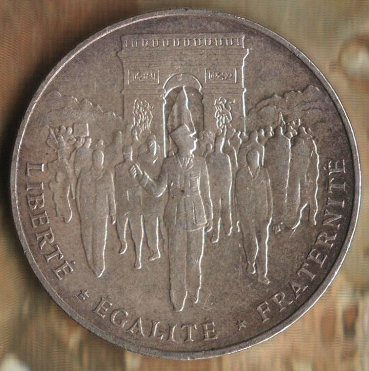 Монета 100 франков. 1994 год, Франция. Освобождение Парижа.