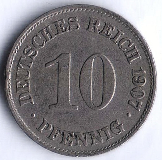 Монета 10 пфеннигов. 1907 год (E), Германская империя.
