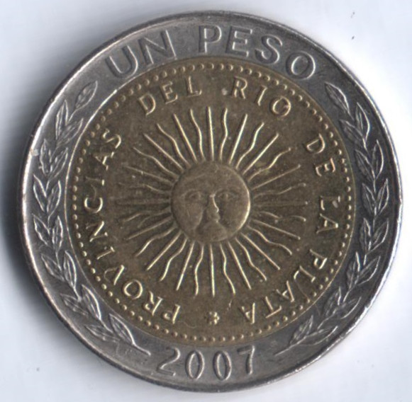Монета 1 песо. 2007 год, Аргентина. Дизайн первой аргентинской монеты, 200 лет(1813-2013).