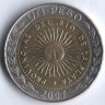 Монета 1 песо. 2007 год, Аргентина. Дизайн первой аргентинской монеты, 200 лет(1813-2013).