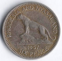 Монета 6 пенсов. 1957 год, Родезия и Ньясаленд.