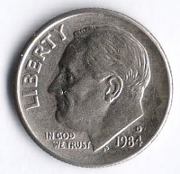Монета 10 центов. 1984(D) год, США.