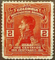 Почтовая марка (2 c.). "Антонио Нариньо". 1910 год, Колумбия.