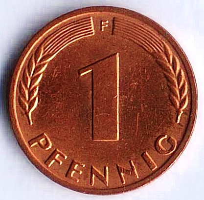 Монета 1 пфенниг. 1968(F) год, ФРГ.