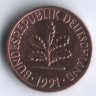 Монета 1 пфенниг. 1991 год (G), ФРГ. 