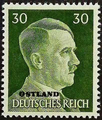 Марка почтовая (30 rpf.). "Адольф Гитлер «OSTLAND»". 1941 год, СССР (Германская оккупация в ВОВ).