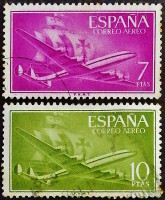 Набор почтовых марок (2 шт.). "Самолет и каравелла". 1956 год, Испания.