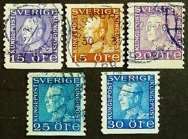 Набор марок (5 шт.). "Король Густав V". 1921-1936 годы, Швеция.