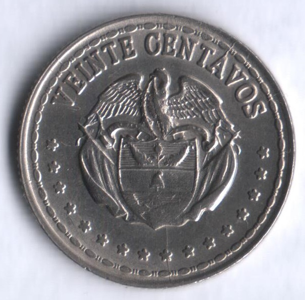 Монета 20 сентаво. 1966 год, Колумбия.