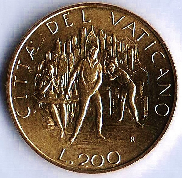 Монета 200 лир. 1989 год, Ватикан.