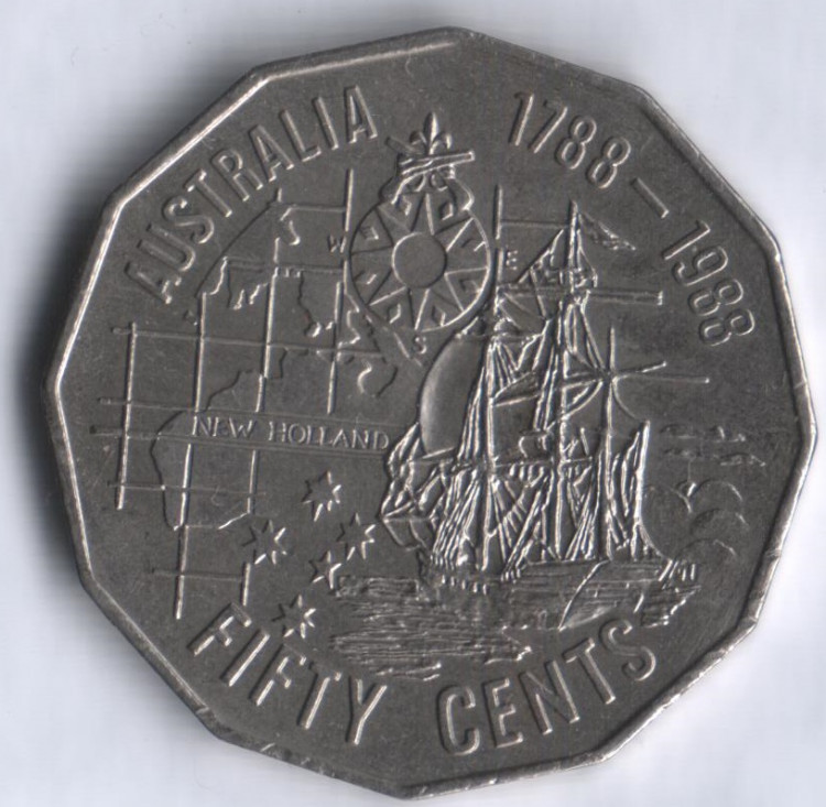 Монета 50 центов. 1988 год, Австралия. 200 лет открытия Австралии.