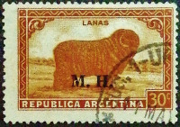 Служебная марка. "Мериносовая овца (M.H. - Министерство Финансов)". 1945-1950 годы, Аргентина.