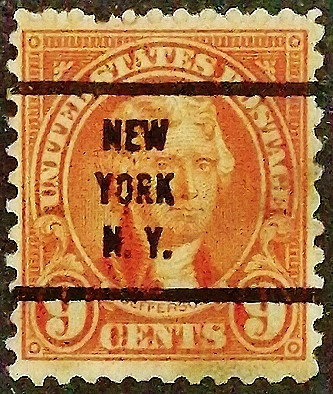 Почтовая марка (9 c.). "Томас Джефферсон". 1927 год, США. Предварительное гашение "NEW/YORK/N.Y.". Почтовая марка (9 c.). "Томас Джефферсон". 1927 год, США. Предварительное гашение "NEW/YORK/N.Y.".