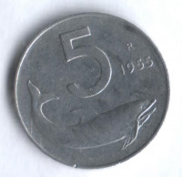 Монета 5 лир. 1955 год, Италия.